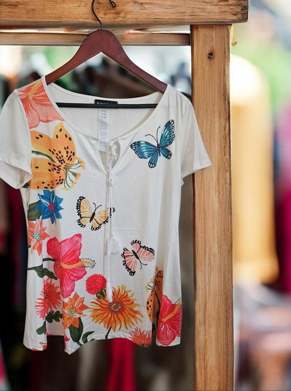 White Short Sleeve Tee with Colorful Butterfly & Floral Print